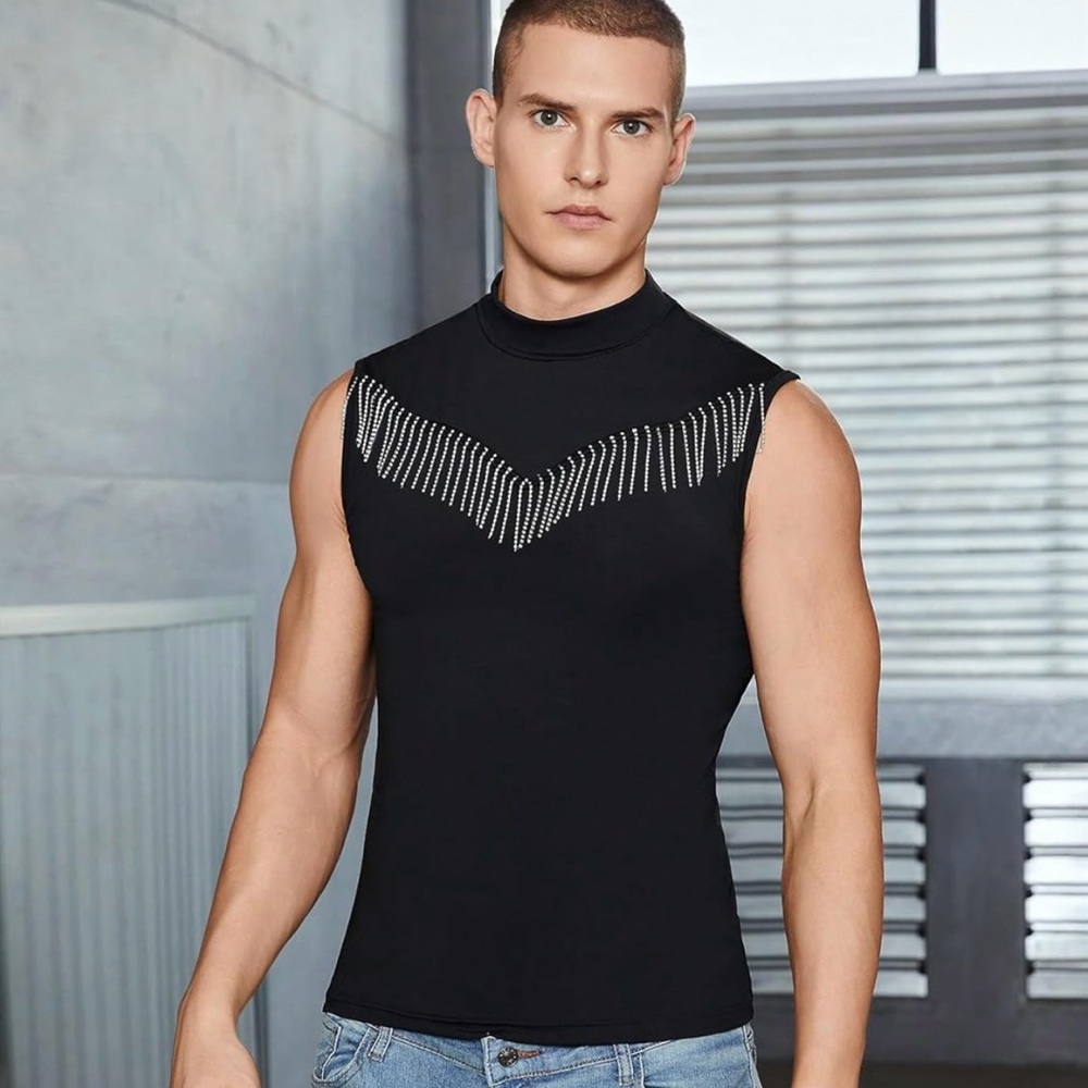Men's Fringe Trim Rhinestones Mock Neck Sleeveless Tee Tank Top Black Stretch L